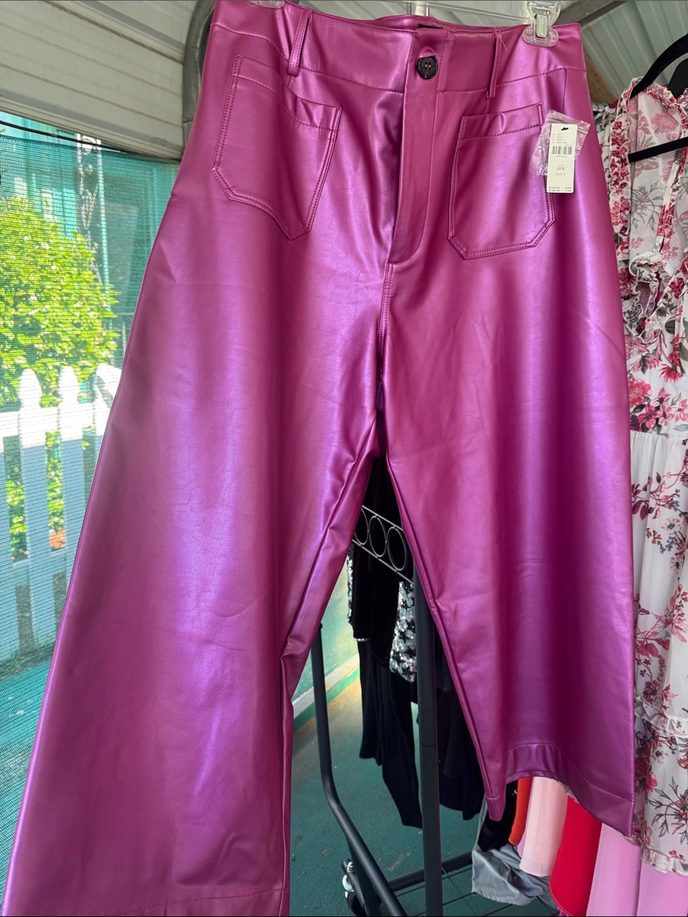 Maeve Metallic Fuchsia Boot-Cut Faux Leather Pants